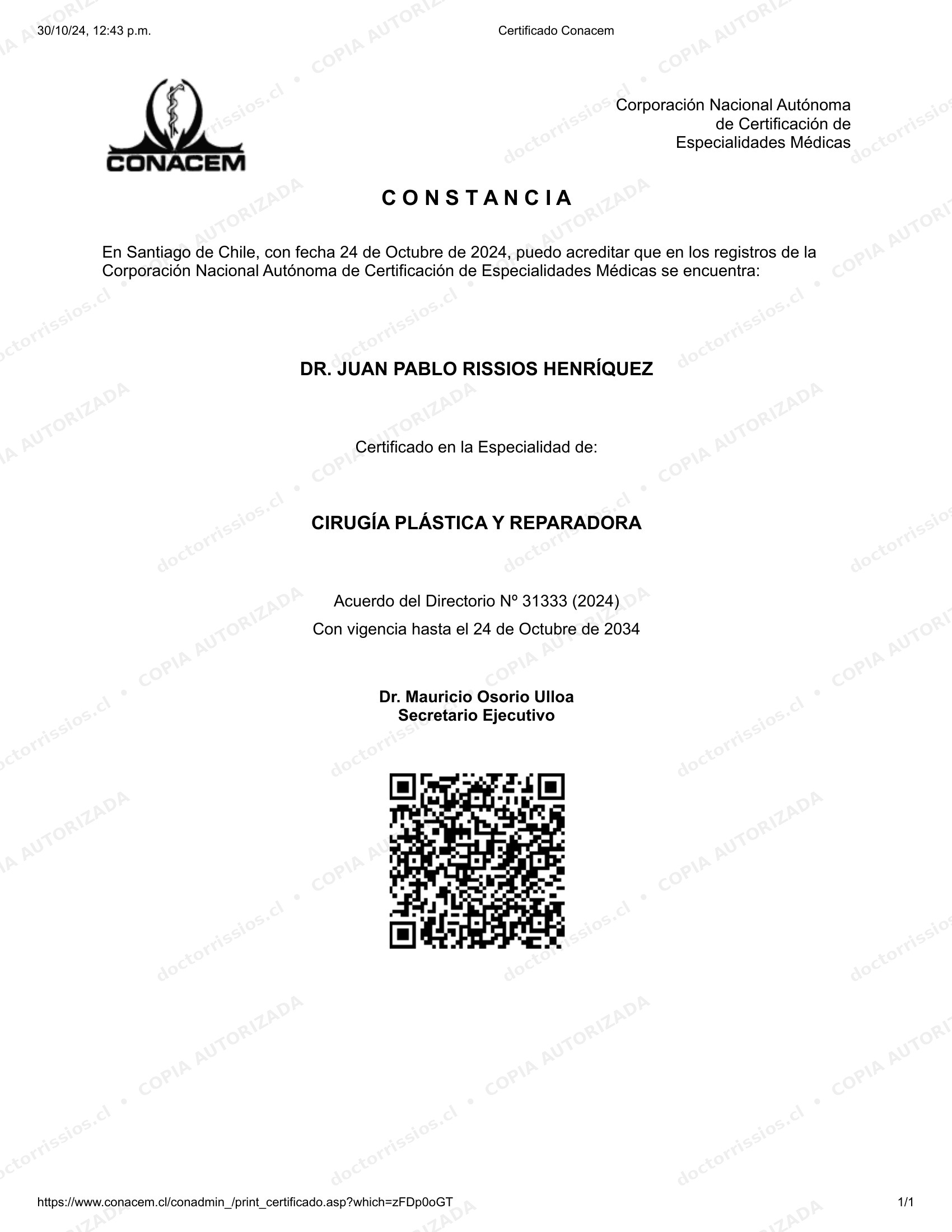 Constancia CONACEM Cirugía Plástica y Reparadora — Dr. Juan Pablo Rissios Henríquez, vigencia hasta 2034