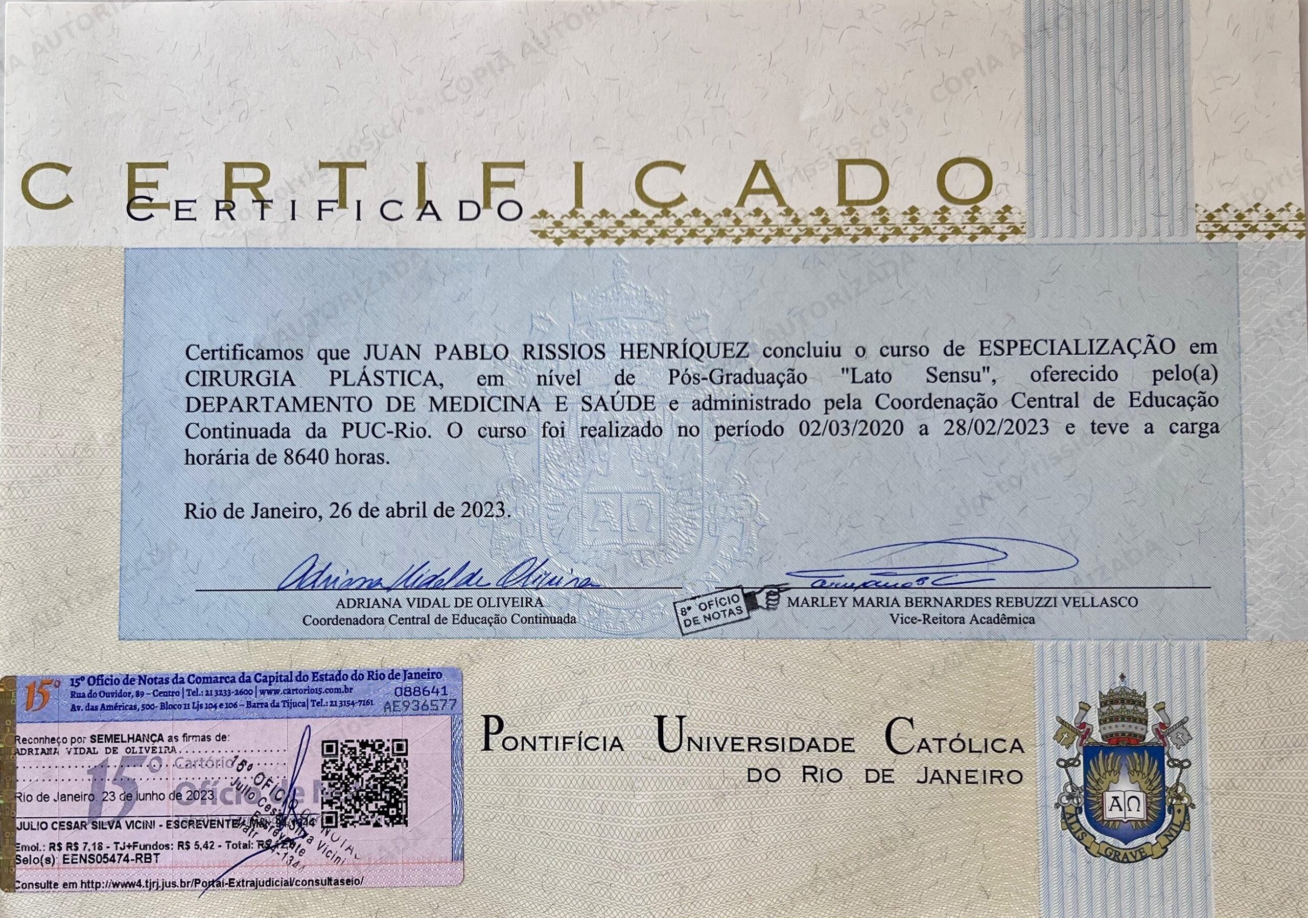 Certificado de Especialización en Cirugía Plástica, PUC-Rio e Instituto Ivo Pitanguy — Dr. Juan Pablo Rissios 2023