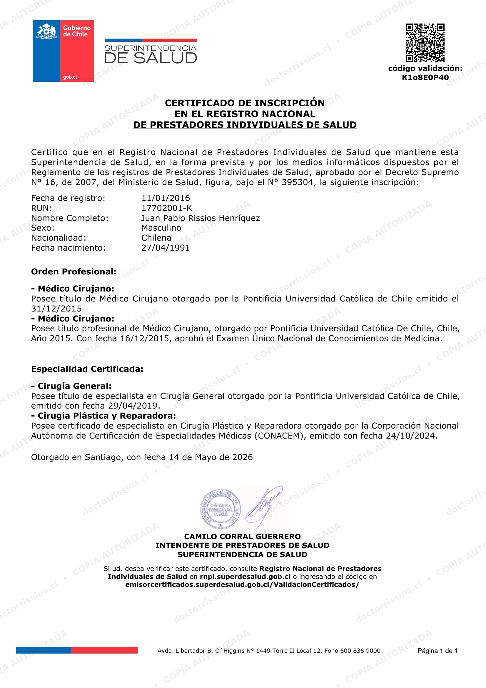 Certificado de Inscripción Registro Nacional Prestadores Individuales de Salud N° 395304 — Superintendencia de Salud 2026